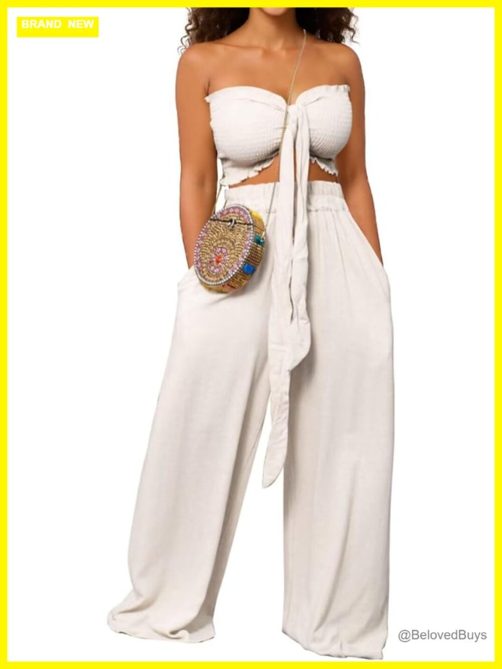 Two Piece Outfit: Bandeau Crop Top & Wide Leg Pants Set with Pockets